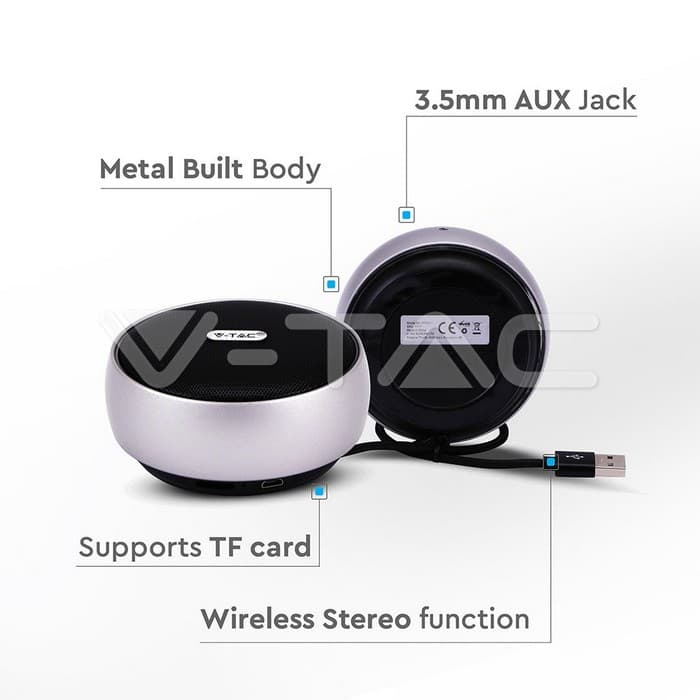 Преносен Bluetooth Звучник Микро USB Висок Квалитет Кабел 800mah Батерија Сребрена - thumbnail 2