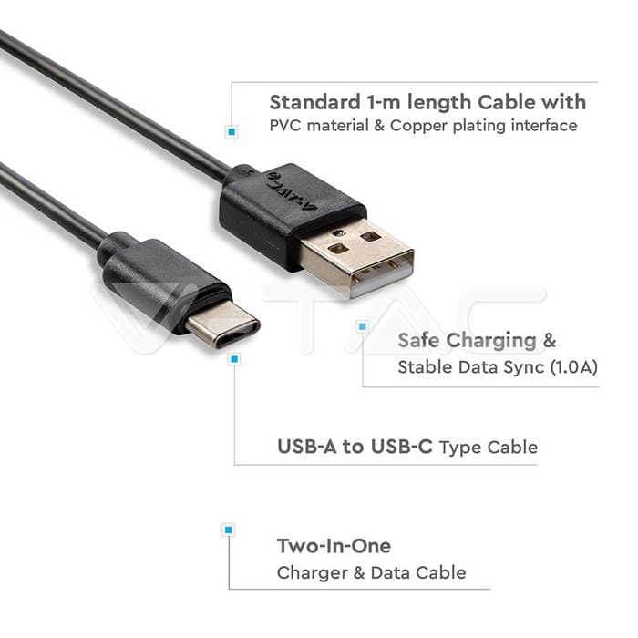 Кабел Type C USB 1m Црна Серија на Бисер - thumbnail 2